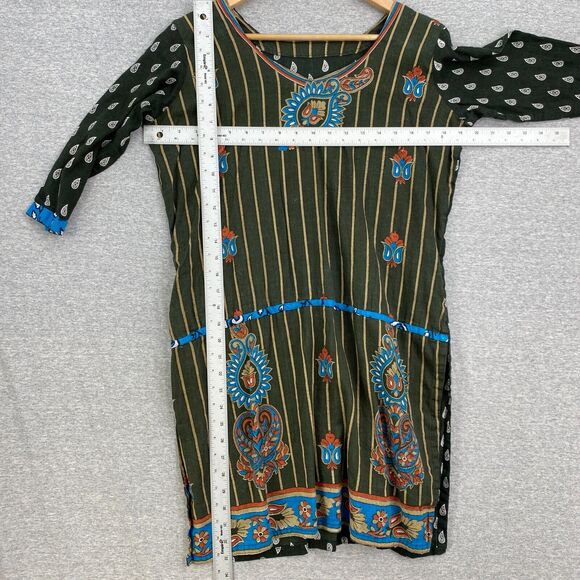 Colorfull Tunic Top Womens Large Green Multicolored 3/4 Sleeve Split Sides - Picture 8 of 10